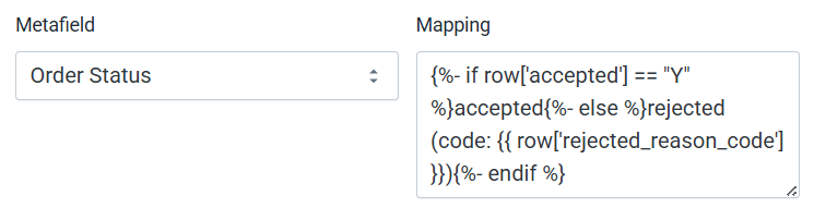 Fulfilleo data mapping screen showing a Liquid formula used to transform acknowledgment file values before updating order metafields