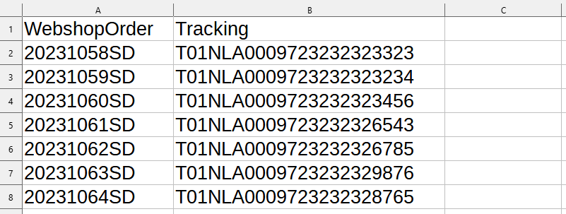 Order and tracking numbers in the sheet from the supplier
