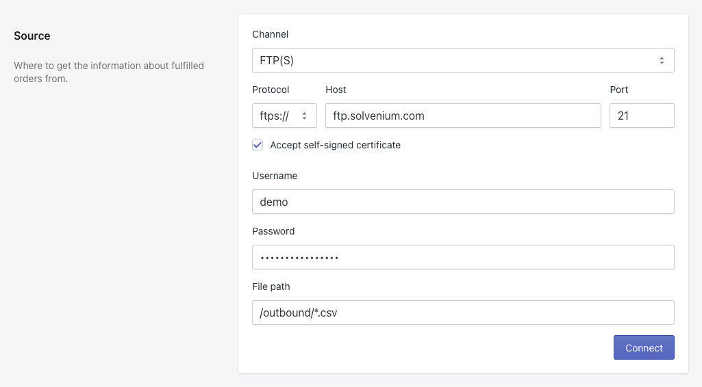 FTP(S) source channel settings with all fields filled in