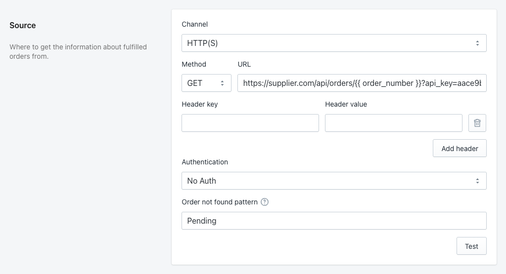 HTTP(S) source channel settings showing method, URL, headers, authentication, and order not found pattern fields