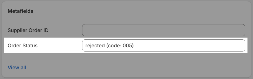 Order details view showing a metafield updated from an acknowledgment file, with the value transformed using a Liquid formula